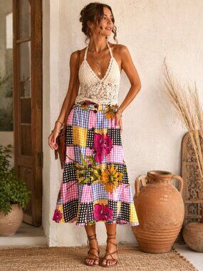 Vintage Colourful Patchwork Plaid Floral Midi Skirt M